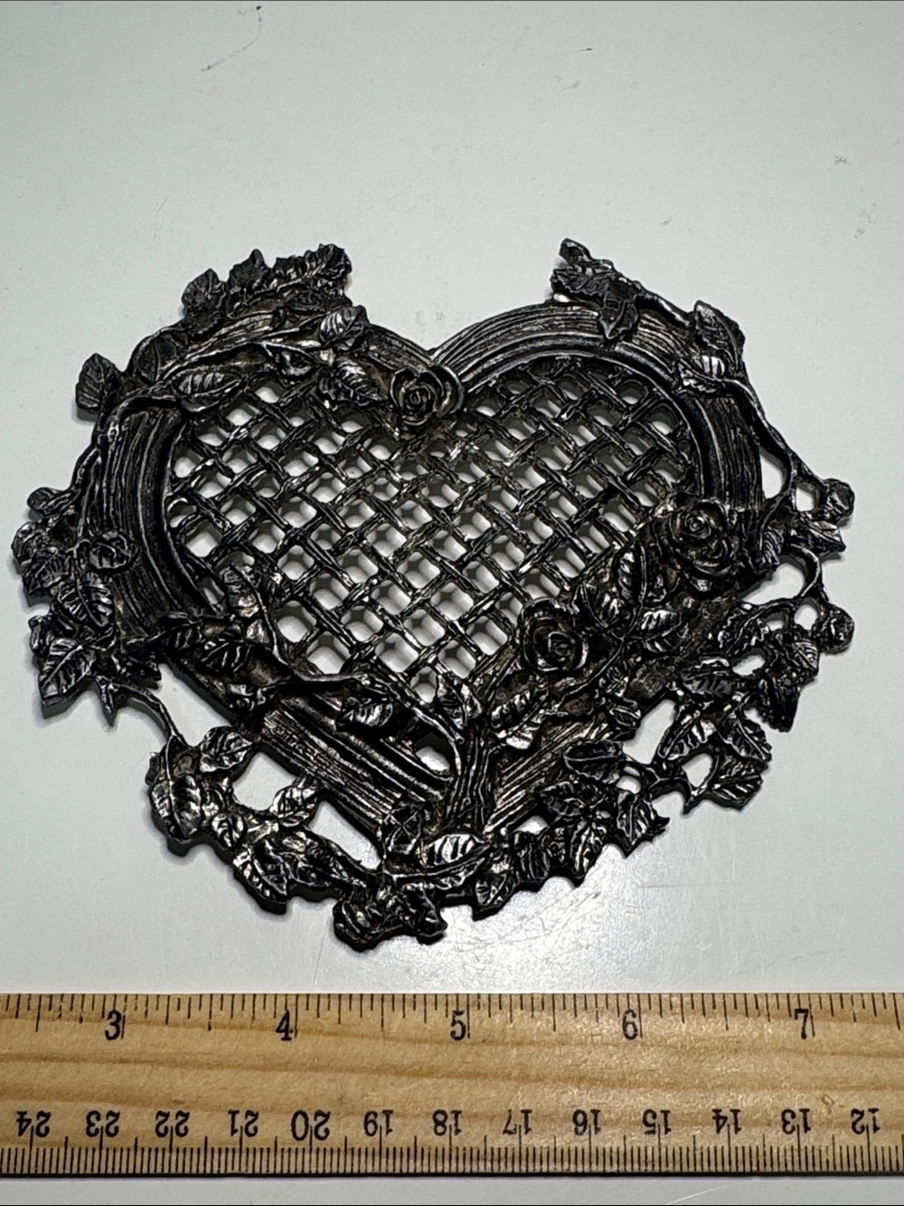 vintage Metzke pewter heart-shaped potpourri jar lid rose ivy filigree design.